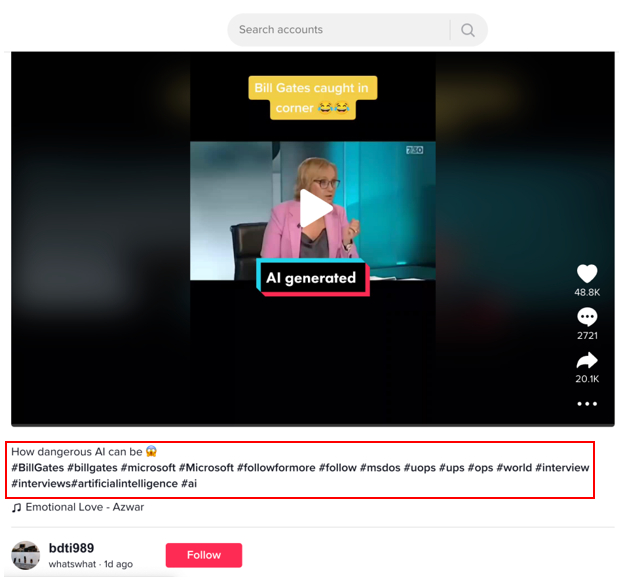 Tik Tok用户@bdti989发布的视频截图，注明是“由AI生成的”