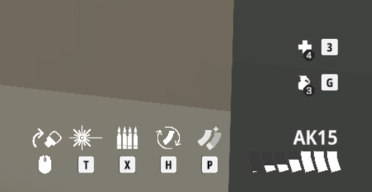 五个选项分别是：切换瞄具，开/关镭射，调节全自动/半自动，更换弹匣，合并弹匣