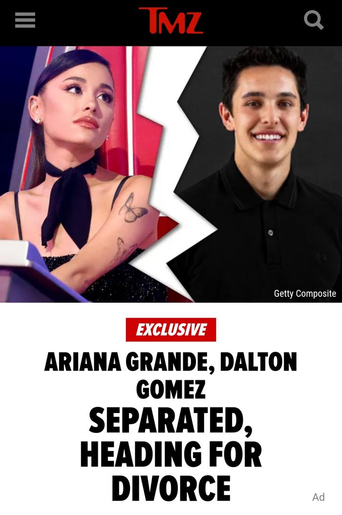 据tmz报道,ariana grande与丈夫dalton gomez准备离婚!