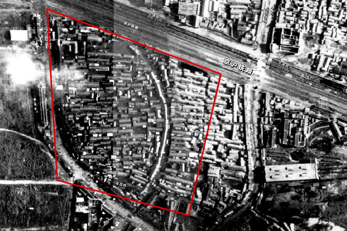 俯瞰1948年的蕃瓜弄地区。红线范围内为今日蕃瓜弄的大致区域。图片来源网络