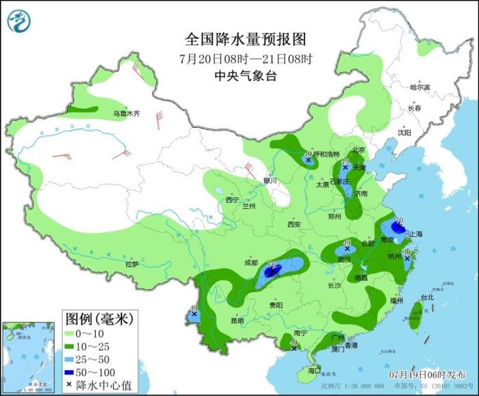 图2 全国降水量预报图（7月20日08时-21日08时）