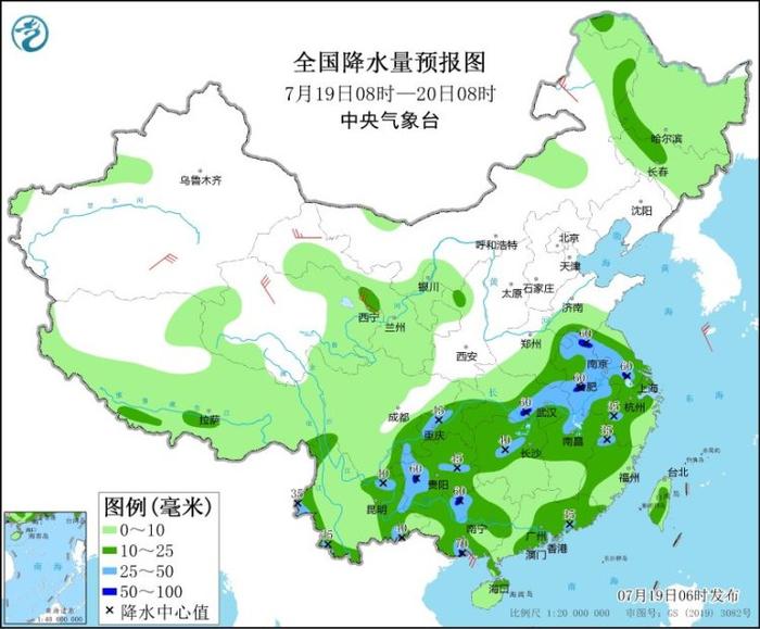 图1 全国降水量预报图（7月19日08时-20日08时）