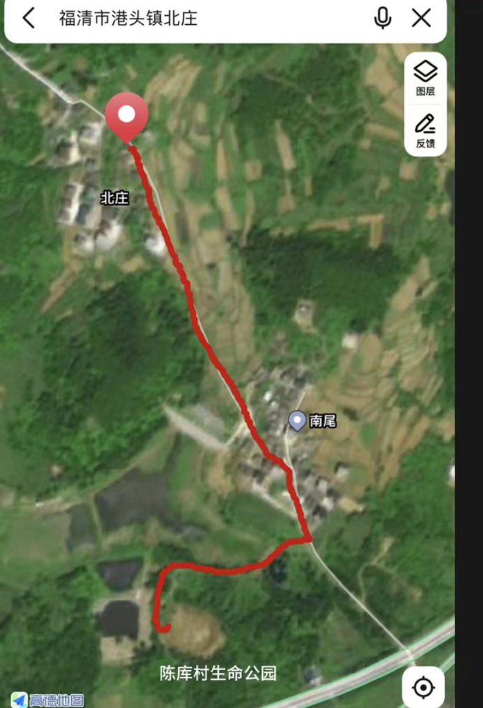 地图显示，北庄村民如需前往生命公园，唯一的路线经过南尾村。