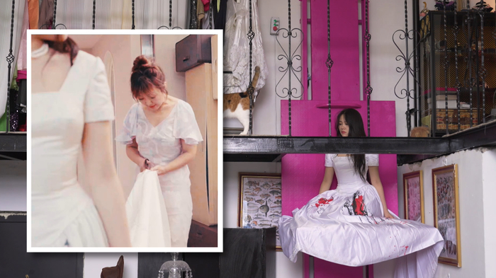 ▲第3位妈妈直接将裙摆剪掉，去掉累赘