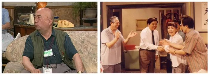 《我爱我家》剧照，左图为李丁 饰 冯导演，右图（中）为赵忠祥客串其本人