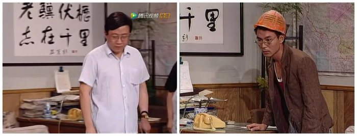 《我爱我家》剧照，左图为梁左 饰 灭鼠办梁主任，右图为谢园 饰 宝财