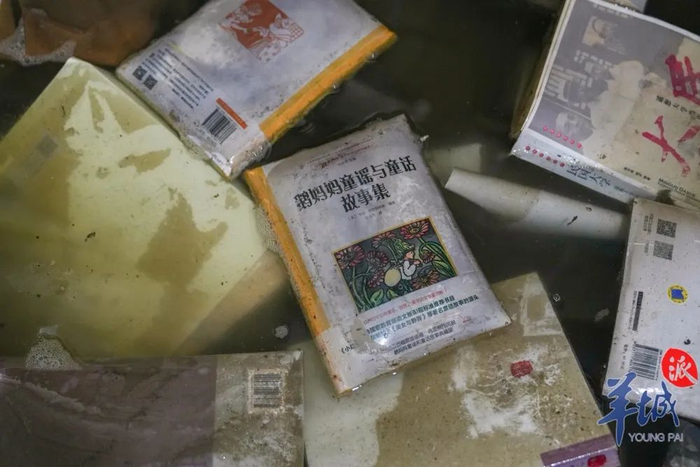 书库被淹，大量图书散落在水面上