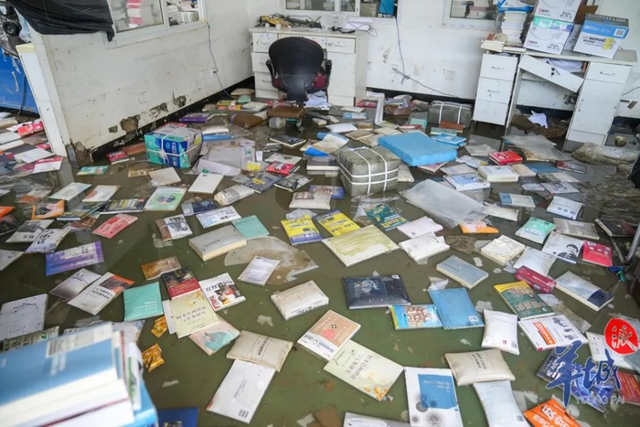 书库被淹，大量图书散落在水面上