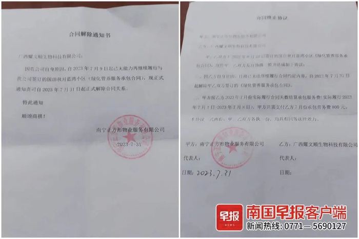 ▲物业公司给梁先生拿来的合同解除通知书和合同终止协议。受访者供图