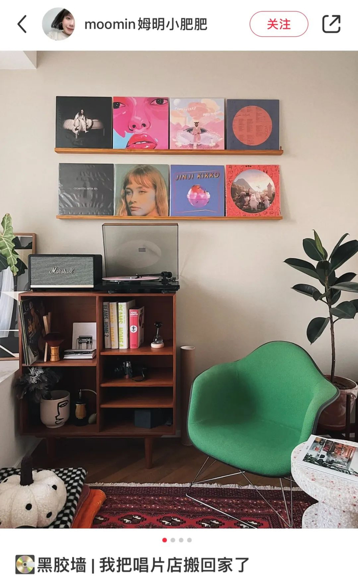 黑胶成为了家居装饰的流行素材。（图/小红书@moomin姆明小肥肥）