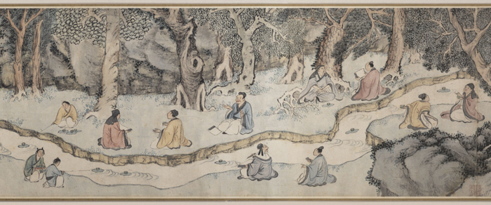 ▲兰亭修禊图（局部）之“流觞曲水” 钱榖（明）绘。