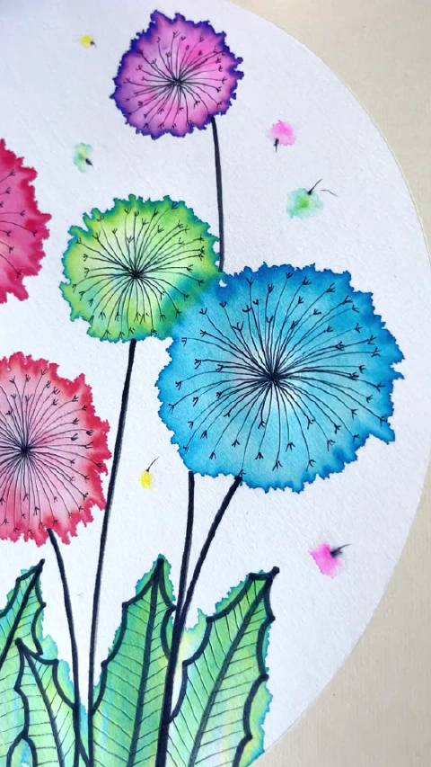 用水彩笔就可以晕染彩色的蒲公英