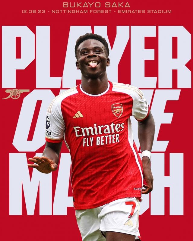 萨卡当选对阵诺丁汉森林一役阿森纳队内最佳球员|阿森纳|阿森纳队