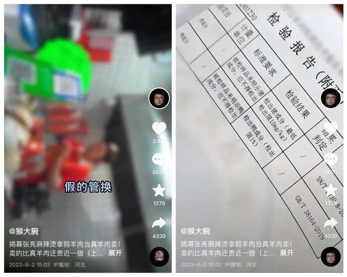 ▲（曝光张亮麻辣烫羊肉造假的视频博主抖音截图）