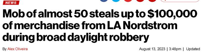 Mob of almost 50 steals up to $100,000 in merchandise from LA Nordstrom  during broad-daylight robbery