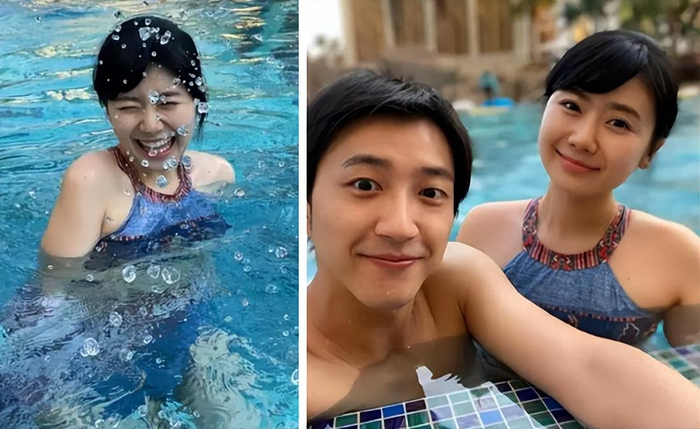 照片中可见,福原爱穿着一件水蓝色的平口泳装,在无边际泳池内开心戏水
