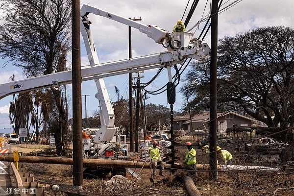 当地时间2023年8月16日，美国夏威夷州，毛伊岛大火后，夏威夷电力公司的员工在修复电线杆。图片来源：视觉中国