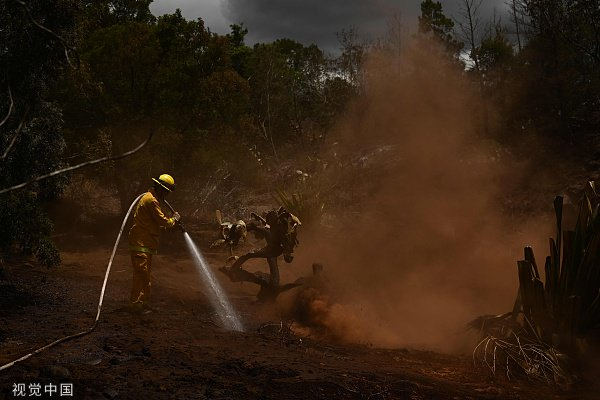 当地时间2023年8月13日，美国毛伊岛，消防员正在用软管灭火。图片来源：视觉中国