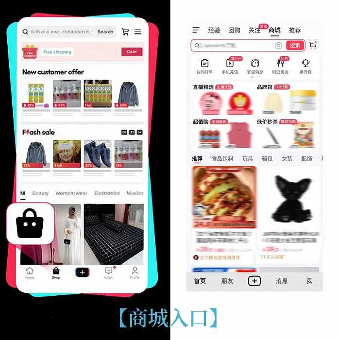 左侧为TikTok的商城入口，右侧为抖音的商城入口