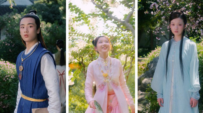 《红楼梦之金玉良缘》预告片截图。 左起：贾宝玉（边程饰）、薛宝钗（黄佳容饰）和林黛玉（张淼怡饰）。
