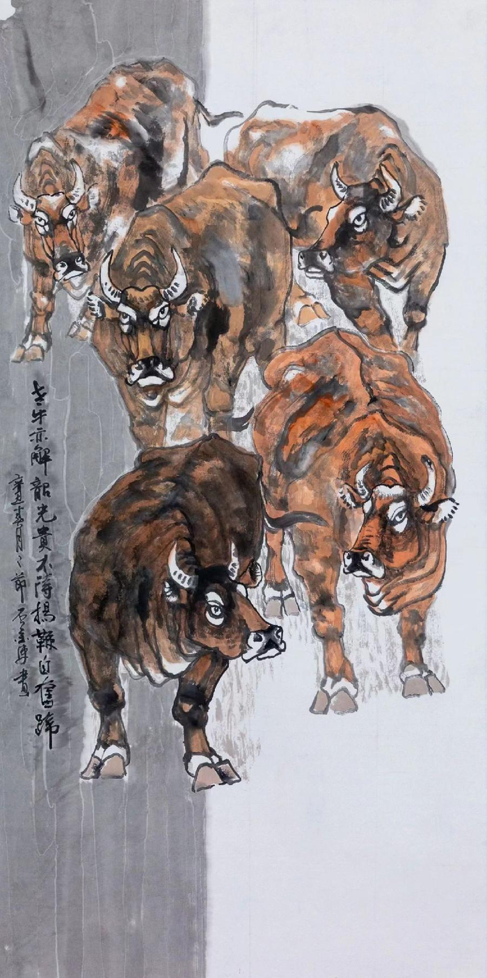 本次展览以"三牛精神"为主题,展出石金库以牛为题材的中国画作品136件