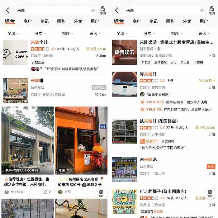 图片来源：大众点评杭州及上海地区的搜索显示结果