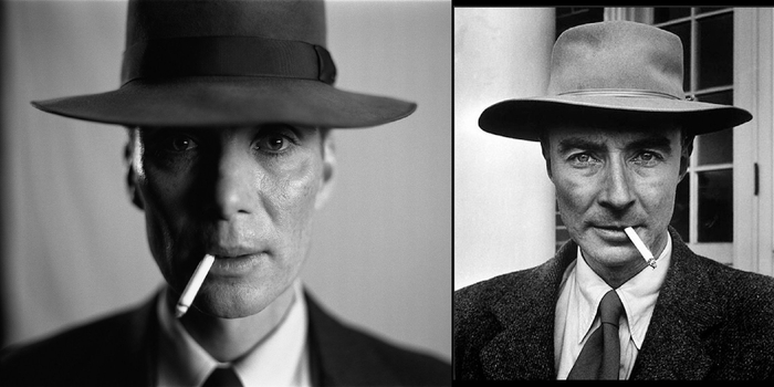 基里安·墨菲饰演的罗伯特·奥本海默定妆照（左）与原型照片对比