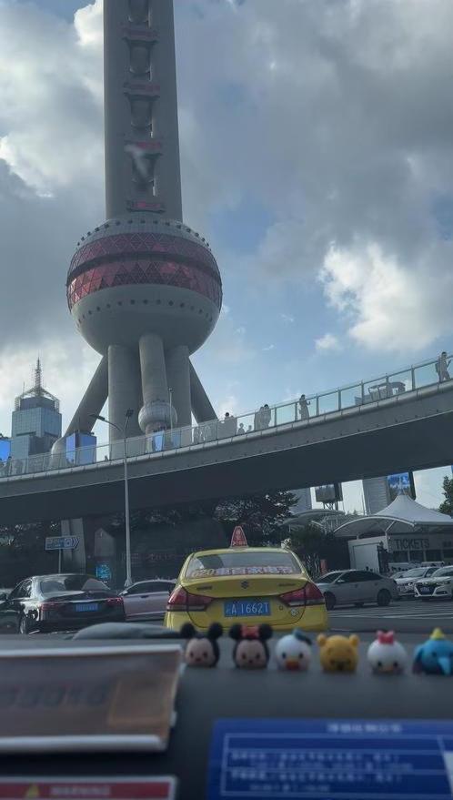 唐文浩和他的重庆出租车出现在上海东方明珠下。视频截图