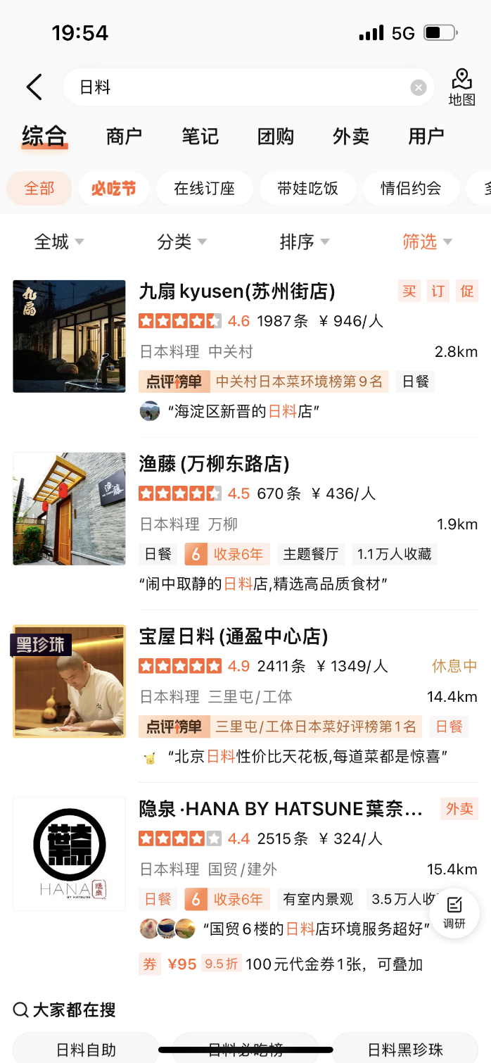 日料店均价。来源：大众点评截图