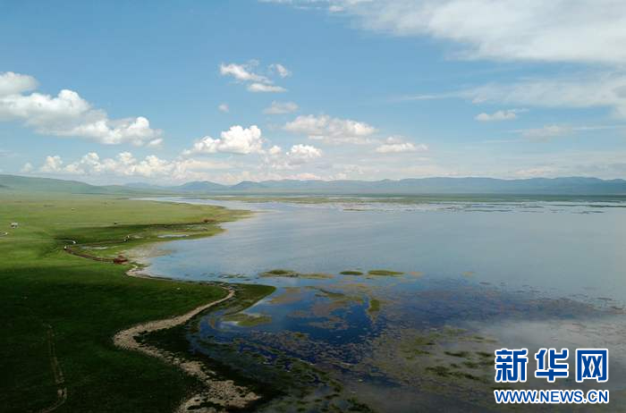 这是7月14日在甘肃省甘南藏族自治州碌曲县拍摄的尕海湖（无人机照片）。新华网发（王生元 摄）
