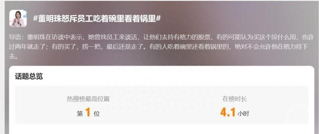 “董明珠怒斥员工吃着碗里看着锅里”登上微博热搜第一。图片来源/网络截图