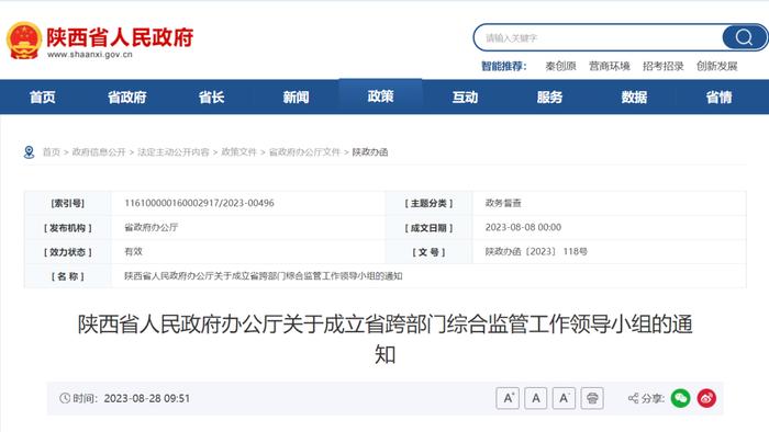 陕西省人民政府办公厅关于成立省跨部门综合监管工作领导小组的通知