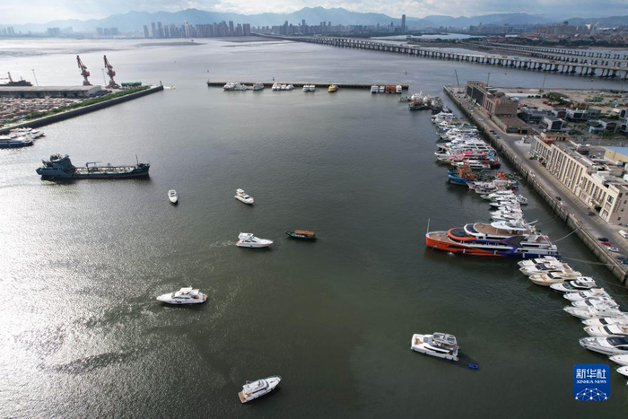 8月30日，在福建厦门高崎闽台中心渔港，各类船只进港躲避台风（无人机照片）。新华社发（曾德猛摄）