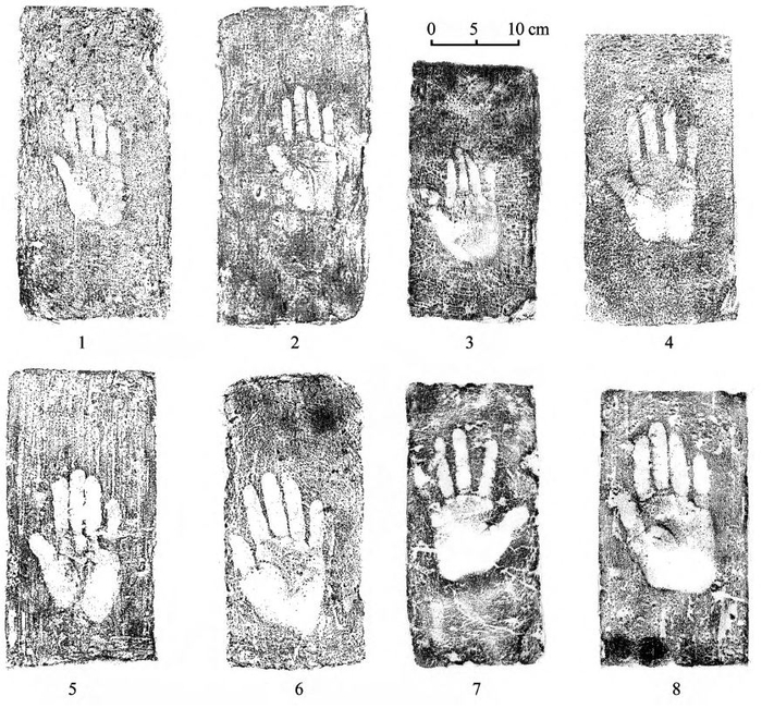 图6 广州、贵港东汉至南朝不同陶工的手掌印纹砖