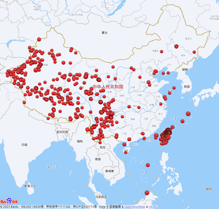 近五年来全国四级以上地震活动分布图