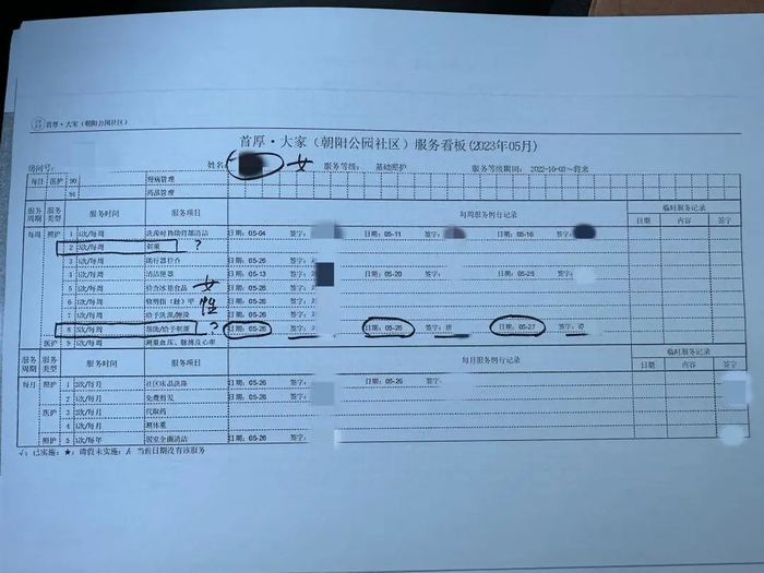 首厚大家（朝阳）养老社区5月部分护理记录。消费者供图
