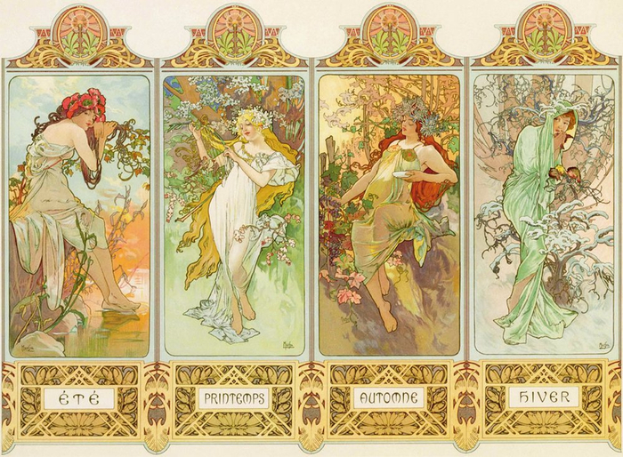 阿尔丰斯·慕夏 四季 四色石版画 纵99.7厘米 各横49.5厘米 〔捷〕慕夏基金会藏