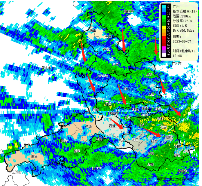 ▲截至中午，海葵残余涡旋仍在广州周边转悠，连绵不断的降雨云团仍在佛山周边转圈圈