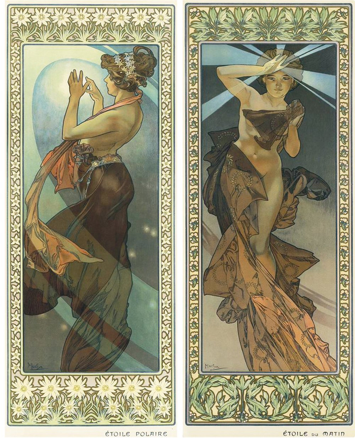 阿尔丰斯·慕夏 月亮与星辰  四色石版画 纵59厘米 各横23.5厘米 〔捷〕慕夏基金会藏