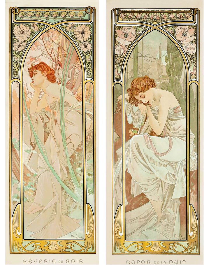 阿尔丰斯·慕夏 一日时序  四色石版画 纵110厘米 各横41厘米 〔捷〕慕夏基金会藏