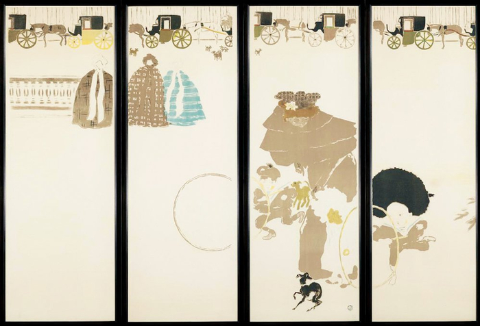皮埃尔·波纳尔 保姆出游，马车的饰带 五色石版画折叠屏风 纵137.2厘米 各横47.6厘米〔美〕纽约现代艺术博物馆藏
