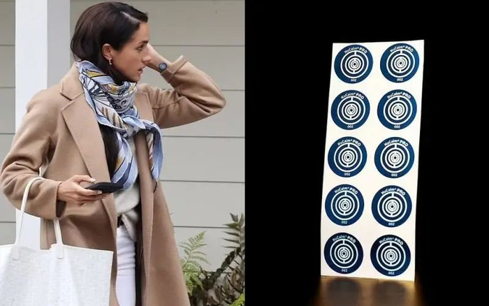 ▲更被眼尖的网友发现，她的左手贴着NuCalm的减压贴片，据说因为梅根带货，NuCalm贴片全部卖空