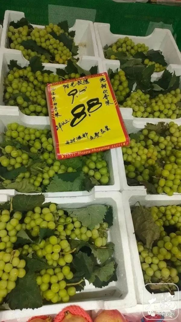 商家打出“阳光玫瑰葡萄2串以上8.8元/斤”促销宣传