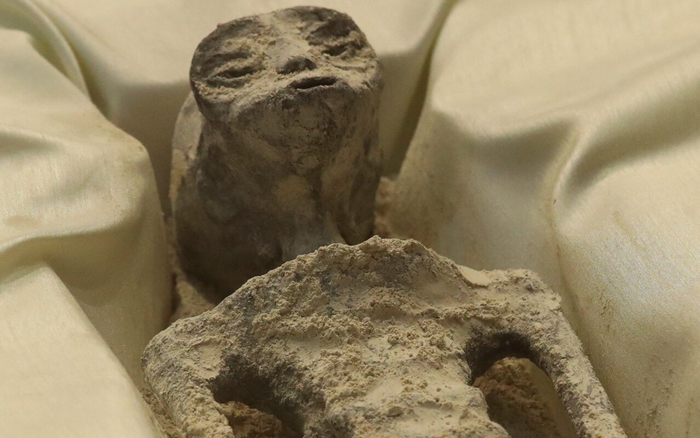 莫桑12日展示的“非人类生物”遗骸 图自路透社