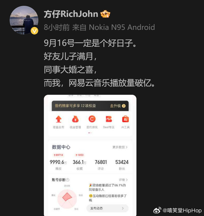 恭喜!方仔的 网易云播放量破亿! 他本人发文庆祝!__财经头条__新浪财经