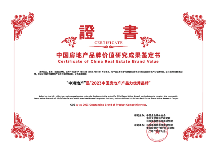 图：中海地产荣誉奖状