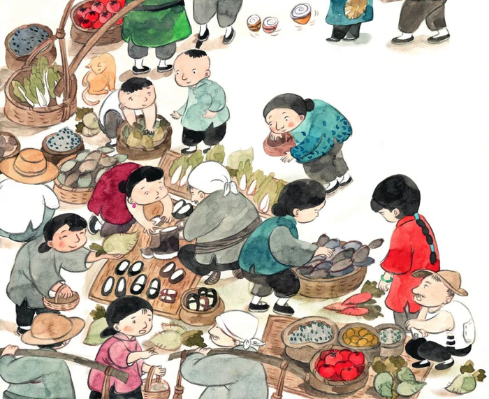 走走，看看，早市上什么都有。图片来源：保冬妮著、李萌绘《跟着姥姥去遛弯儿》。