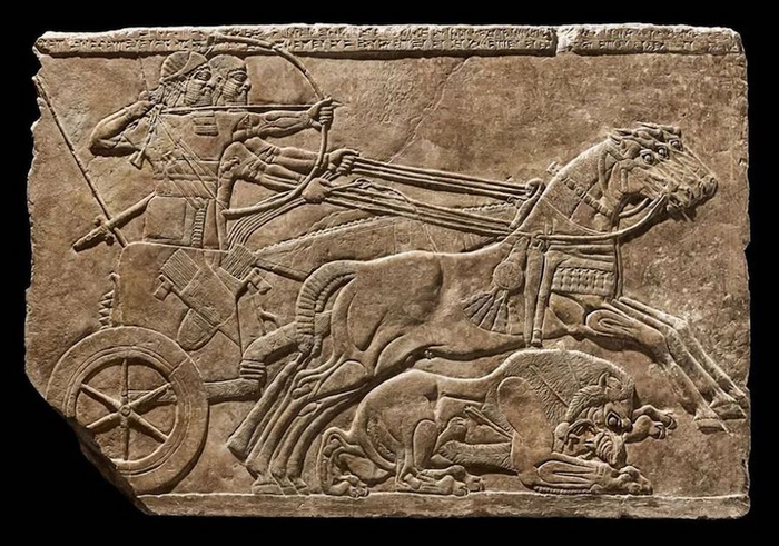 图十一，亚述公元前八世纪的小轮战车（伊拉克尼尼微遗址石刻浮雕）