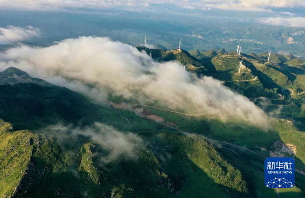 韭菜坪上的风力发电机组被云雾环绕。新华社记者 刘续 摄