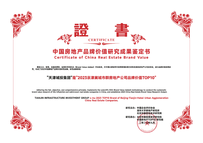▲天津城投集团获奖证书